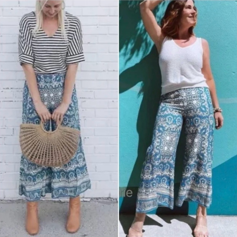 Anthropologie Feather Bone palazzo Wide Leg Pants blue paisley boho chic 8 EUC